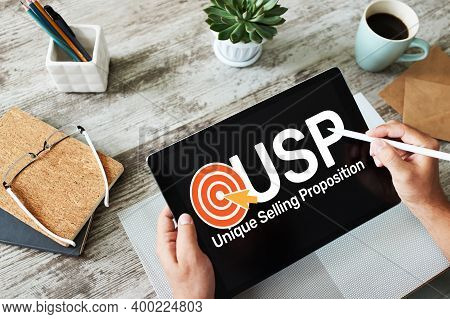 Usp - Unique Selling Propositions. Business And Finance Concept On Device Screen.