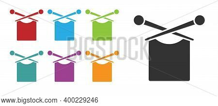 Black Knitting Icon Isolated On White Background. Wool Emblem With Knitted Fabric And Needle. Label 