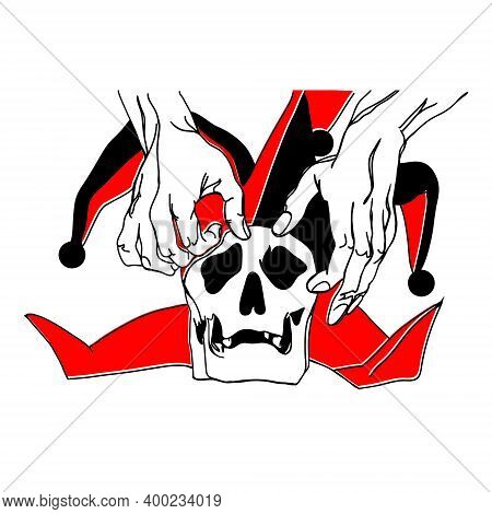 Skull In A Clowns Cap Vector Illustration.