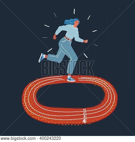 Vector Illustration Of Woman Running Arround On Dark Background.