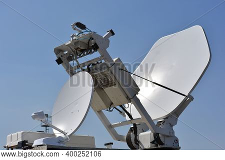 Communications And Broadcasting Station. Live Broadcast Vehicle. Base Transreceiver Station