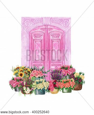 Entranse Door With Flowers. Buildind Illustration. Flower Delivery. Arcitecture.