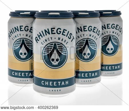 Winneconne, Wi -16 December 2020: A Package Of Rhinegeist Cincy Made Cheetah Beer On An Isolated Bac
