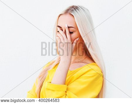 Cute, Young Beautiful Blonde Hair Woman Do Facepalm. Blonde Woman Headache Failed To Upset Business