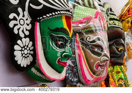 Colorful Chhou Masks Of Men On Display For Sale At Handicrafts Fair, Kolkata, West Bengal, India.