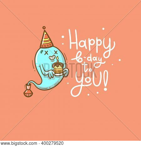 Birthday Card  With Cute Cartoon Monster. Ghost In Party Hats. Vector Doodle Poster. Little Funny An