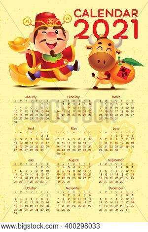 Year Of The Ox. Calendar 2021 With God Of Wealth Holding Gold Ingot. Cute Ox Holding Big Mandarin Ta
