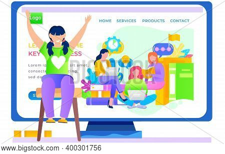 Application For Studying Business Online Landing Page Template. The Girl Is Sitting On A Chair And J