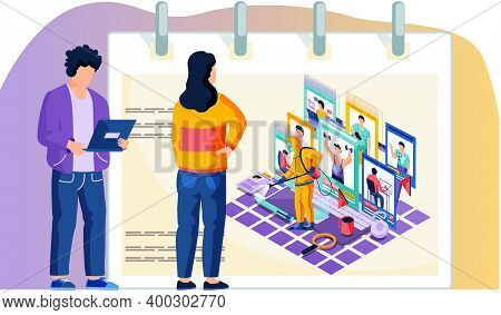 People Work Online While Sanitary Worker Treat Their Workplace With Disinfectant Solution. Man And W