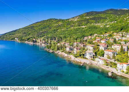 Croatia, Beautiful Town Of Lovran, Sea Walkway, Aerial Panoramic View In Kvarner Bay Coastline, Popu