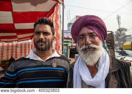 New Delhi, India - December 2020:
Portrait Of A Farmer During The Protest At Delhi Haryana Border.