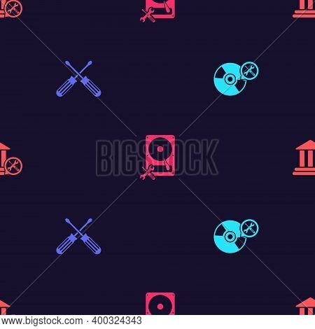 Set Cd Or Dvd Disk Service, Crossed Screwdrivers, Hard And Bank Building On Seamless Pattern. Vector