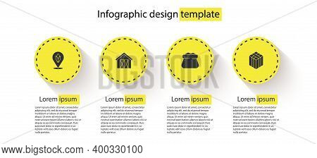 Set Location Corn, Farm House, Full Sack And Bale Of Hay. Business Infographic Template. Vector