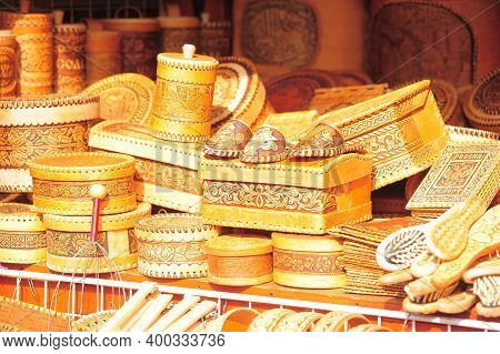 Russia, St. Petersburg 04.05.2020 Boxes Of Birch Bark For Sale At The Fair