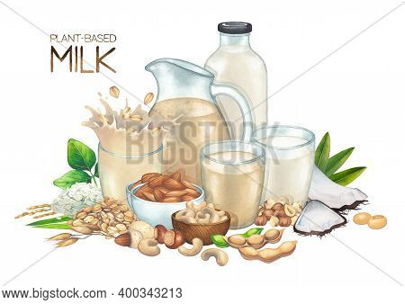 Watercolor Glasses, Bottle And Jug Of A Plant Based Milk Decorated With Various Natural Ingredients.