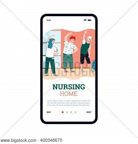 Mobile Phone Screen With Old People Doing Physical Exercises. Gerontology Care, Medical Assistance F