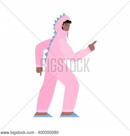 Cheerful Young Woman Dancing In Pink Kigurumi Overall And Slippers, Cartoon Vector Illustration Isol
