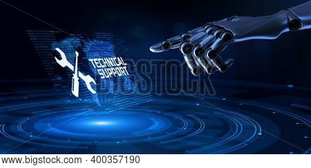 Technical Support Customer Service Quality Assurance. Robot Hand Pressing Button 3d Redder.