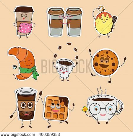 Stickers Funny Cups Of Coffee And Tea, Sweets: Waffle, Cookies, Croissant, Pancake. Funny Stickers O