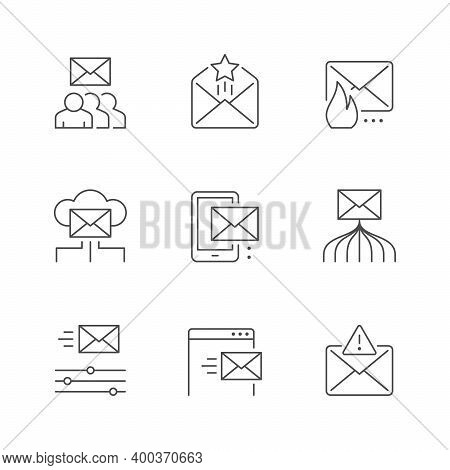 Set Line Icons Of Email Marketing Isolated On White. Client, Hot Mail, Mobile Message, Promotion Cam