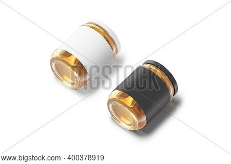 Blank Glass Jar With Black And White Label And Honey Mockup Lying, 3d Rendering. Empty Preservation 