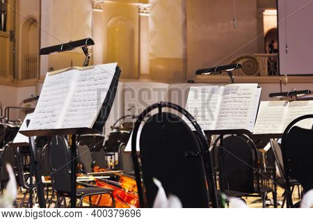 MOSCOW, RUSSIA - NOVEMBER 15: Musical instruments and sheet music at Chaikovsky Hall on November 15, 2011 in Moscow, Russia.