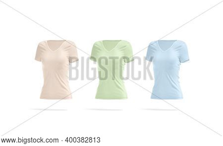 Blank Colored Women Slimfit T-shirt Mockup, Side View, 3d Rendering. Empty Pink, Green And Blue Fit 