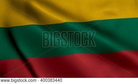 Lithuania Satin Flag. Waving Fabric Texture Of The Flag Of Lithuania, Real Texture Waving Flag Of Th