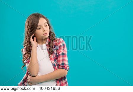 Daydreaming Concept. Kid Thoughtful Face Make Decision. Child Cute Curly Hair Thinking. Girl Casual 