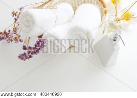 White  Bottles,top View, Flat Lay. Soap Bottle Spa ,beauty Product Concept. Spa, Skin Care, Body Tre