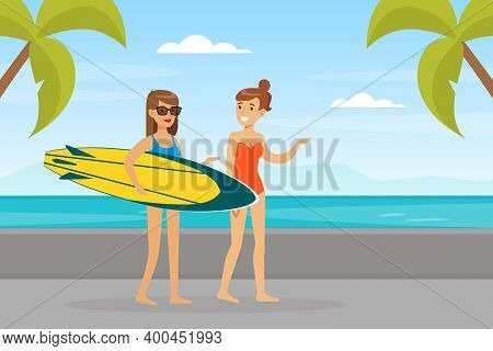 Young Women In Beachwear Walking Along Beach And Holding Surfboard Vector Illustration