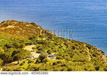 Spanish Mediterranean Sea Coastline, Punta Falconera Landscape With Walking Path. Costa Brava Catalo
