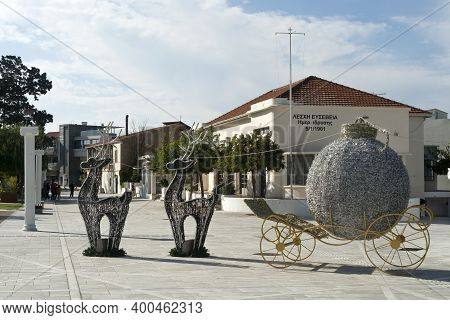 Paphos, Cyprus, December 21st, 2020: Outdoor Decorations With The Christmas Reindeer motif On The To
