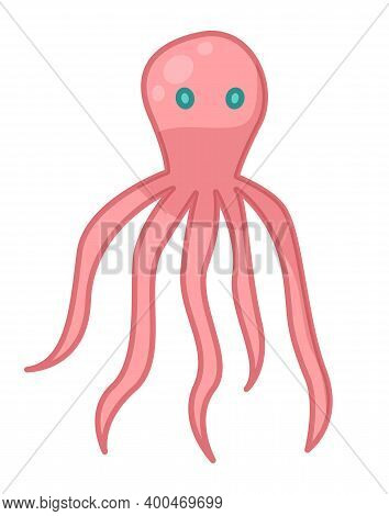 Pink Octopus Icon, Cartoon Character Sea Aquatic Animal Flat Style Vector Illustration Isolated On W