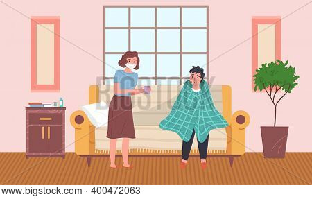 Woman Treats A Young Man. Guy Drinks Hot Tea In Apartment. Sick People Spend Time At Home. Male Char