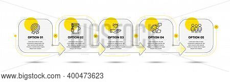 Group, Tea And Insurance Medal Line Icons Set. Timeline Process Flowchart. Hold Heart Sign. Business
