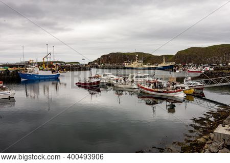 Stykkisholmur, Iceland - July 9, 2014: Harbour With Ships And Vessels In Stykkisholmur City On The N