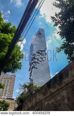 Bangkok, Thailand - July 10, 2019: Looking Up At The King Power Mahanakhon Skyscraper. The Tallest B