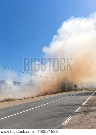 Controlled Burn At Side Of Road Air Pollution Visibility Danger