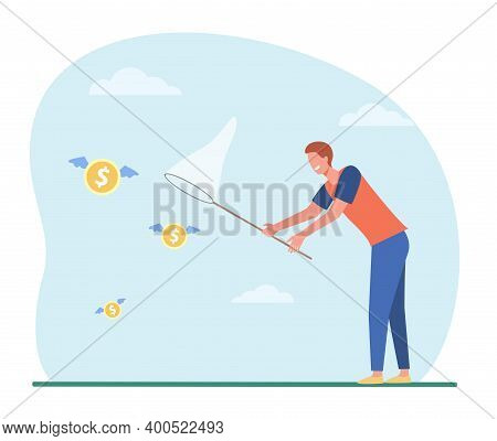 Man Catching Flying Money With Butterfly Net. Cash, Coin, Hunt Flat Vector Illustration. Finance, Mo