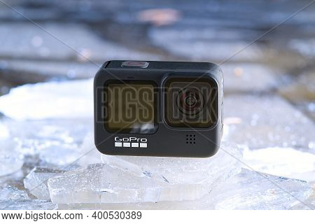 Tallinn, Estonia - December 11, 2020: Gopro Hero 9 Black Action Camera Outdoors