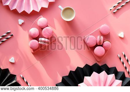 Happy Birthday Sweet And Tasty Macaroons And Coffee. Creative Monochrome Flat Lay On Pink Color Pape