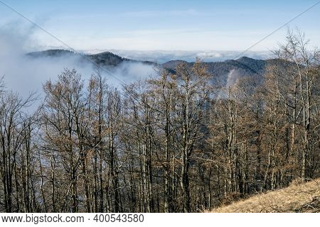 View From Hnilicka Kycera Hill, Little Fatra, Slovak Republic. Inverse Weather Scene. Travel Destina