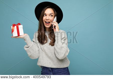 Beautiful Happy Young Brunette Woman Isolated Over Colourful Background Wall Wearing Stylish Casual 