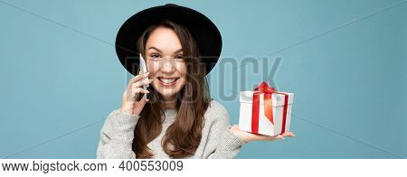 Shot Of Pretty Smiling Positive Young Brunette Woman Isolated Over Blue Background Wall Wearing Styl