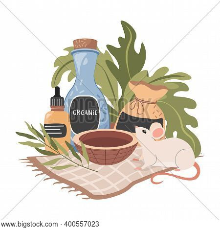 Not Tested On Animal Natural Organic Cosmetics Vector Flat Composition. Bottles With Cosmetics And C