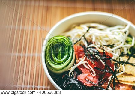 Pescatarian Salmon Salad With Beans, Cucumber And Sprouts For Healthy Diet, Food Delivery Service An