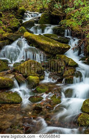 Long Exposure Of Mossy Rocks And Rushing Kanati Creek In Great Smoky Mountains National Park