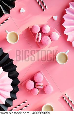 Happy Birthday Sweet And Tasty Macaroons And Coffee. Monochrome Flat Lay On Vibrant Pink Color Paper