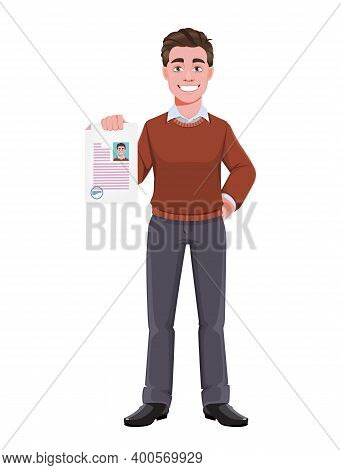 Stock Vector Successful Business Man Holding Signed Resume. Manager Character Design. Flat Style Vec